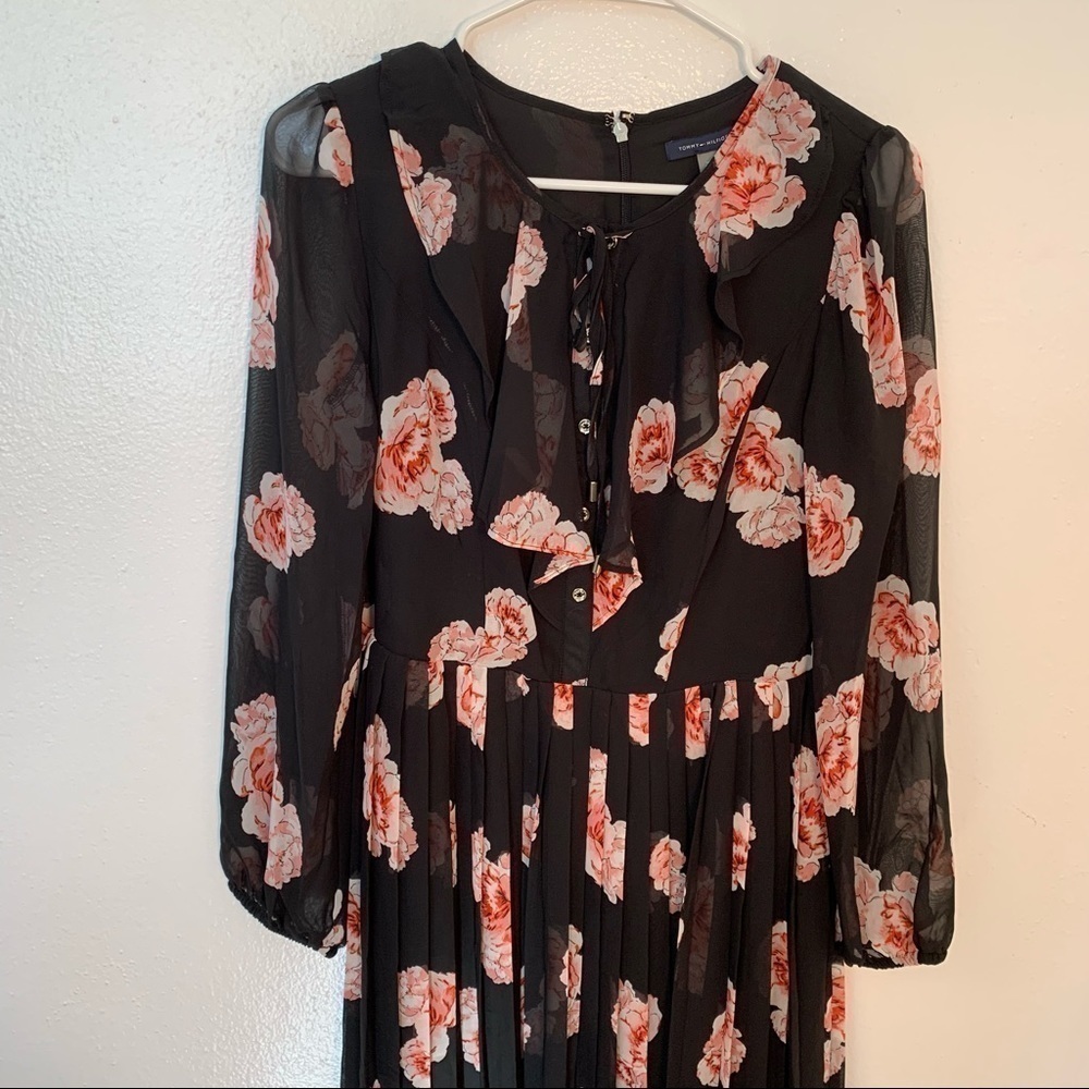 Tommy Hilfiger Women's Size 2 Floral Chiffon Dress Black Pink Floral Long Sleeve - Picture 6 of 13
